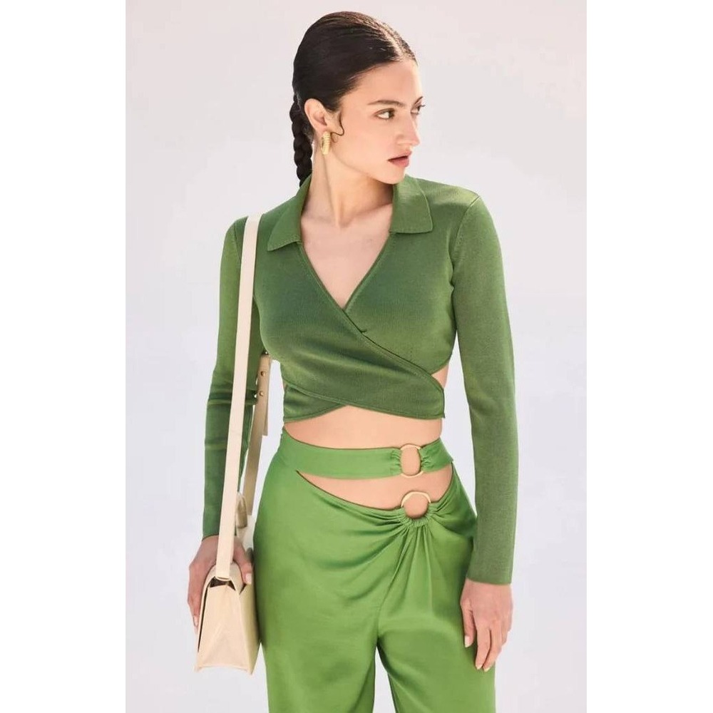 Cult Gaia Tory Knit Top Women Size M Basil Green NWT Wrap Long Sleeve Cropped